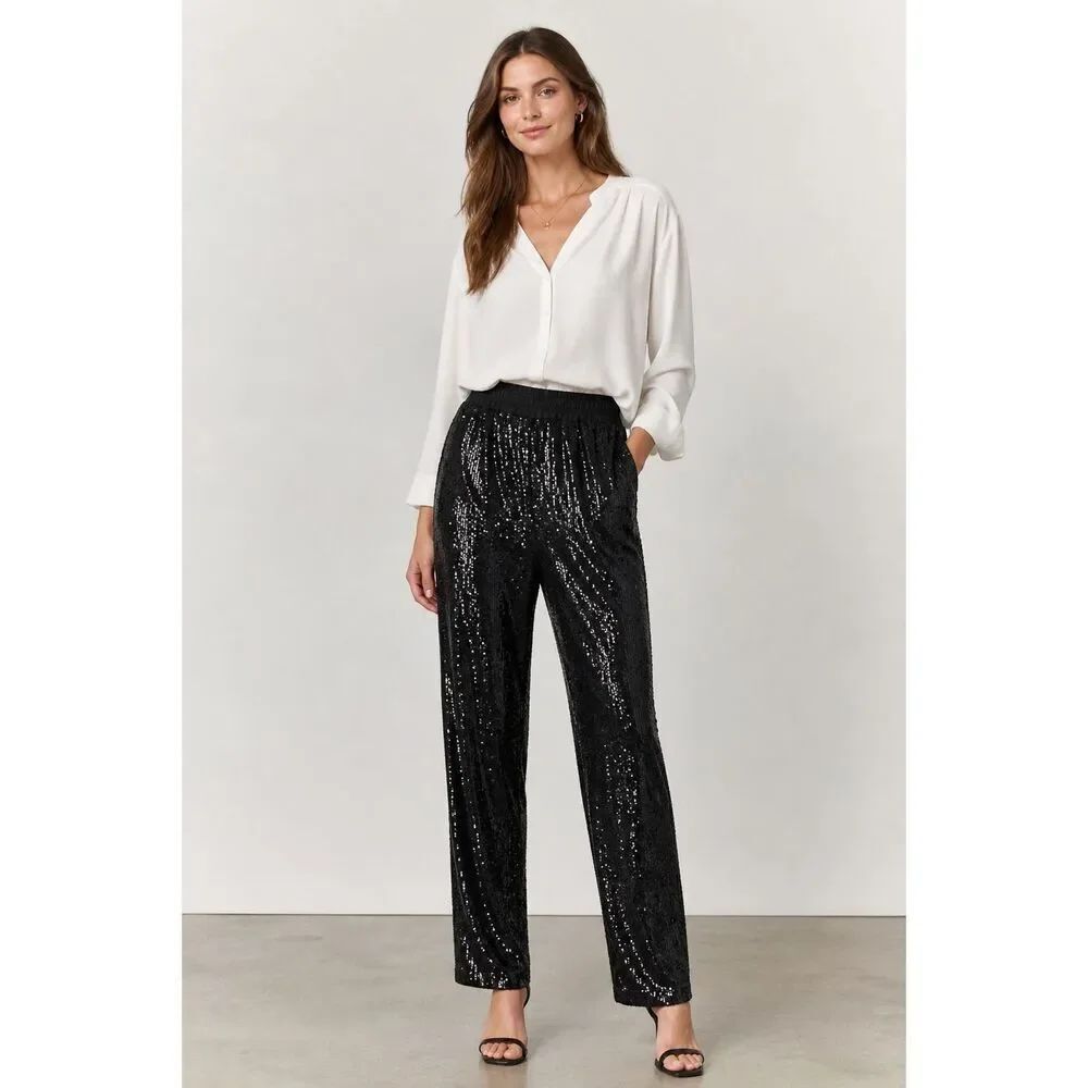 Ramy Brook New York MEDIUM Black Sequin Pants Straight Leg #780